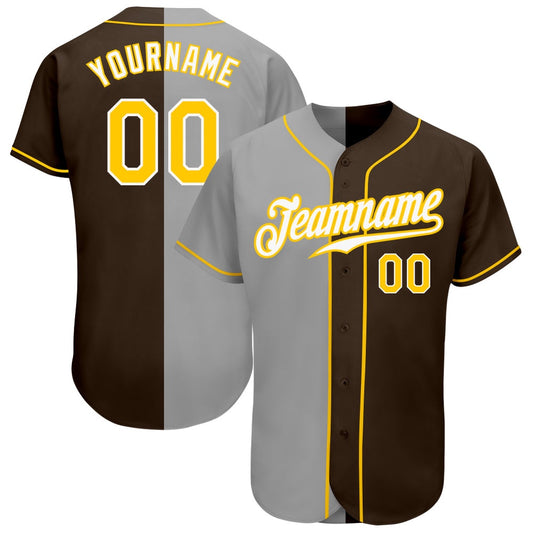 Team Jerseys Baseball, Custom Brown Gold Gray Authentic Split Fashion Baseball Jersey, Logo Baseball Jersey