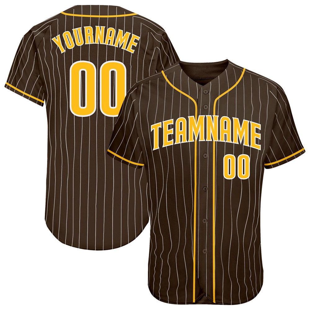 Team Jerseys Baseball, Custom Brown White Pinstripe Gold White Authentic Baseball Jersey, Logo Baseball Jersey