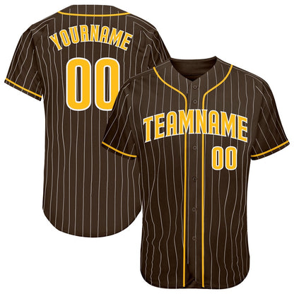 Team Jerseys Baseball, Custom Brown White Pinstripe Gold White Authentic Baseball Jersey, Logo Baseball Jersey