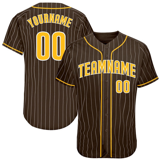 Team Jerseys Baseball, Custom Brown White Pinstripe Gold White Authentic Baseball Jersey, Logo Baseball Jersey