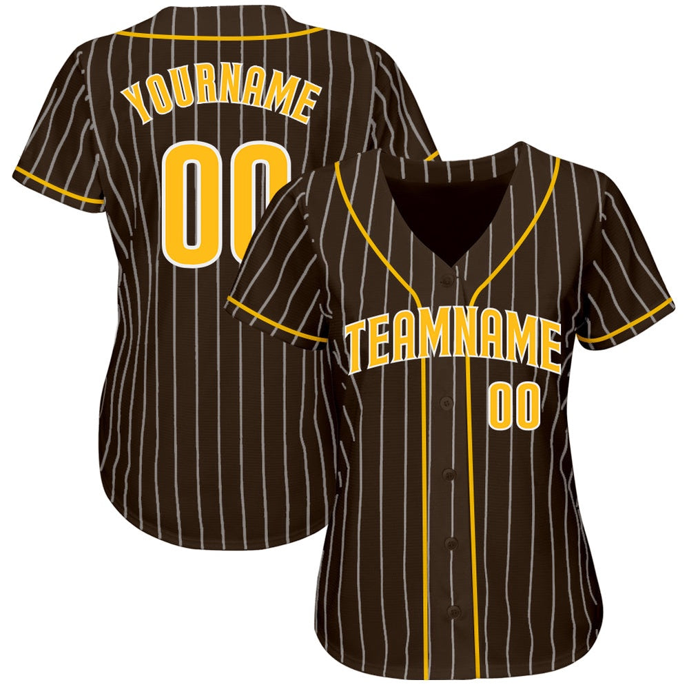 Team Jerseys Baseball, Custom Brown White Pinstripe Gold White Authentic Baseball Jersey, Logo Baseball Jersey