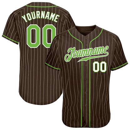 Team Jerseys Baseball, Custom Brown White Pinstripe Neon Green White Authentic Baseball Jersey, Logo Baseball Jersey