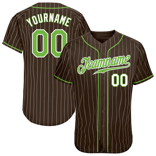 Team Jerseys Baseball, Custom Brown White Pinstripe Neon Green White Authentic Baseball Jersey, Logo Baseball Jersey