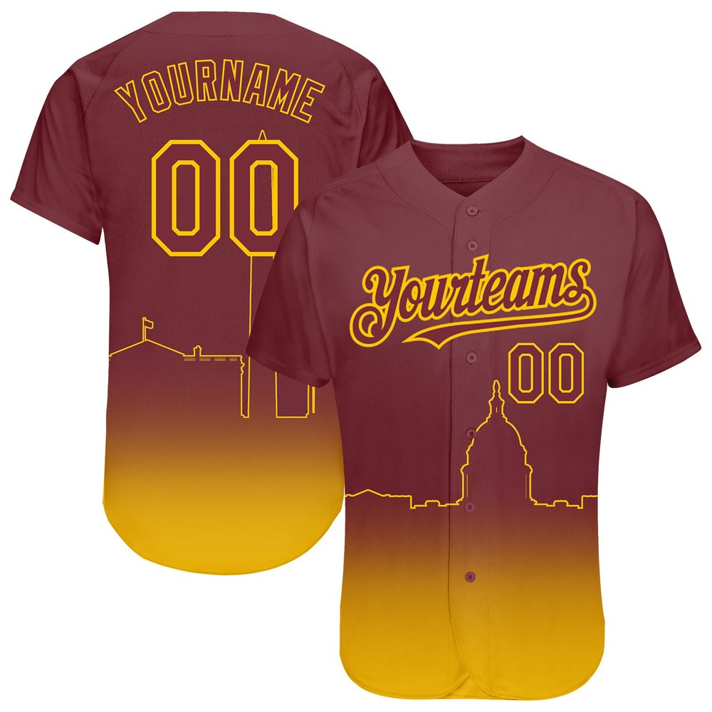 Team Jerseys Baseball, Custom Burgundy Yellow 3D Washington City Edition Fade Fashion Authentic Baseball Jersey, Logo Baseball Jersey
