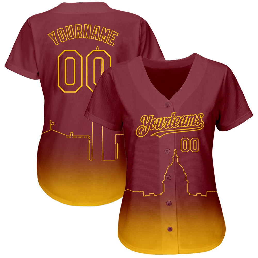 Team Jerseys Baseball, Custom Burgundy Yellow 3D Washington City Edition Fade Fashion Authentic Baseball Jersey, Logo Baseball Jersey