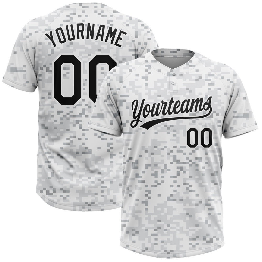 Team Jerseys Baseball, Custom Camo Black White 3D Arctic Camouflage Two Button Unisex Softball Jersey, Logo Baseball Jersey