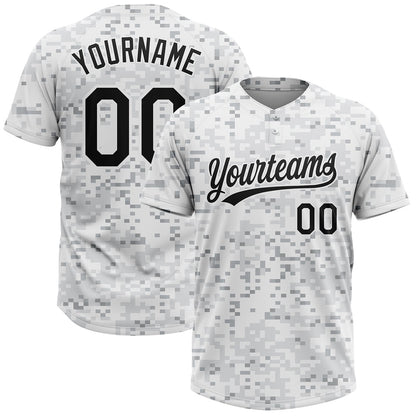 Team Jerseys Baseball, Custom Camo Black White 3D Arctic Camouflage Two Button Unisex Softball Jersey, Logo Baseball Jersey
