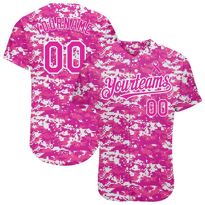 Team Jerseys Baseball, Custom Camo Deep Pink Black 3D Pink Ribbon Breast Cancer Awareness Month Women Health Care Support Authentic Baseball Jersey