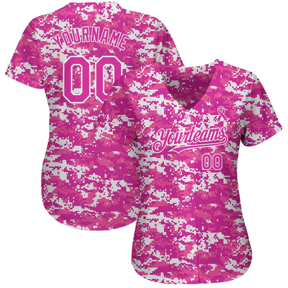 Team Jerseys Baseball, Custom Camo Deep Pink Black 3D Pink Ribbon Breast Cancer Awareness Month Women Health Care Support Authentic Baseball Jersey