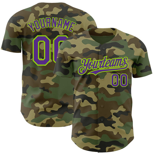Team Jerseys Baseball, Custom Camo Purple Neon Green Authentic Salute To Service Baseball Jersey, Logo Baseball Jersey