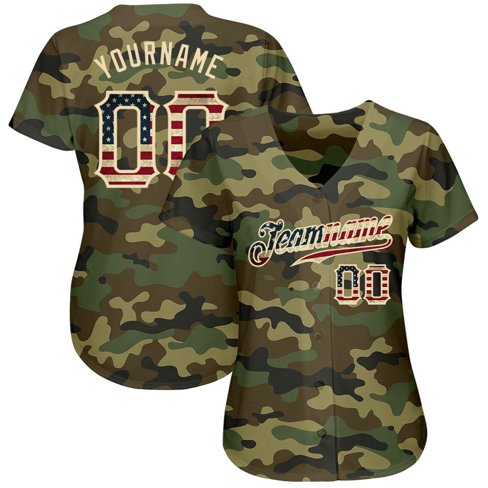 Team Jerseys Baseball, Custom Camo Vintage USA Flag Cream Authentic Salute To Service Baseball Jersey, Logo Baseball Jersey