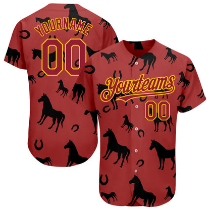 Team Jerseys Baseball, Custom Cardinal Yellow 3D Pattern Design Horse Authentic Baseball Jersey, Logo Baseball Jersey