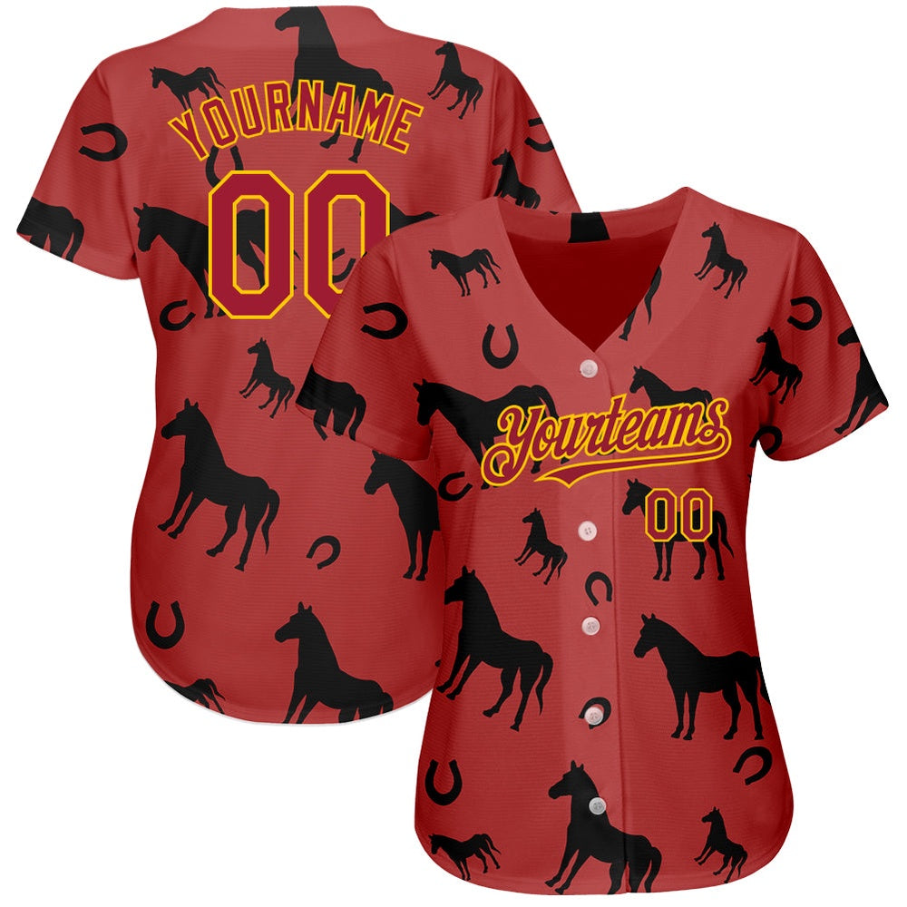 Team Jerseys Baseball, Custom Cardinal Yellow 3D Pattern Design Horse Authentic Baseball Jersey, Logo Baseball Jersey