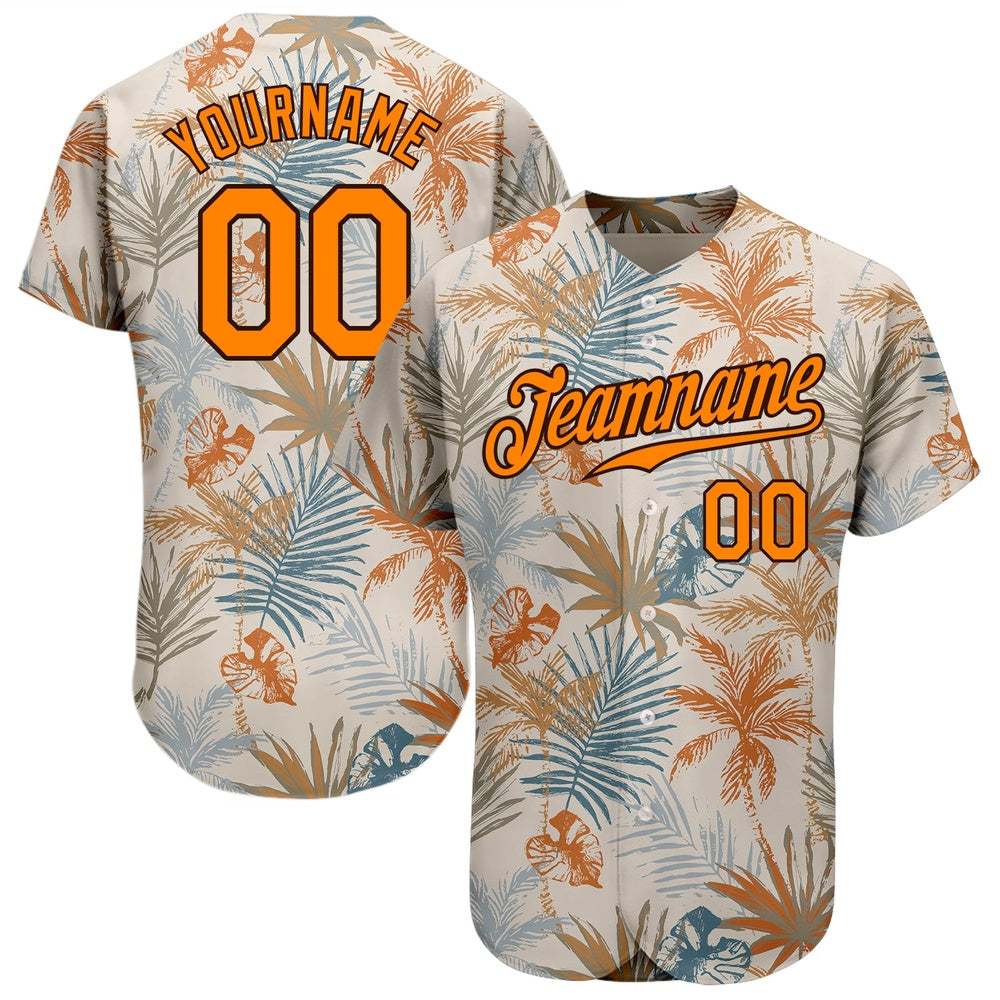Team Jerseys Baseball, Custom Cream Bay Orange Brown 3D Pattern Design Hawaii Palm Leaves Authentic Baseball Jersey, Logo Baseball Jersey