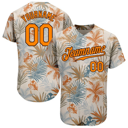 Team Jerseys Baseball, Custom Cream Bay Orange Brown 3D Pattern Design Hawaii Palm Leaves Authentic Baseball Jersey, Logo Baseball Jersey