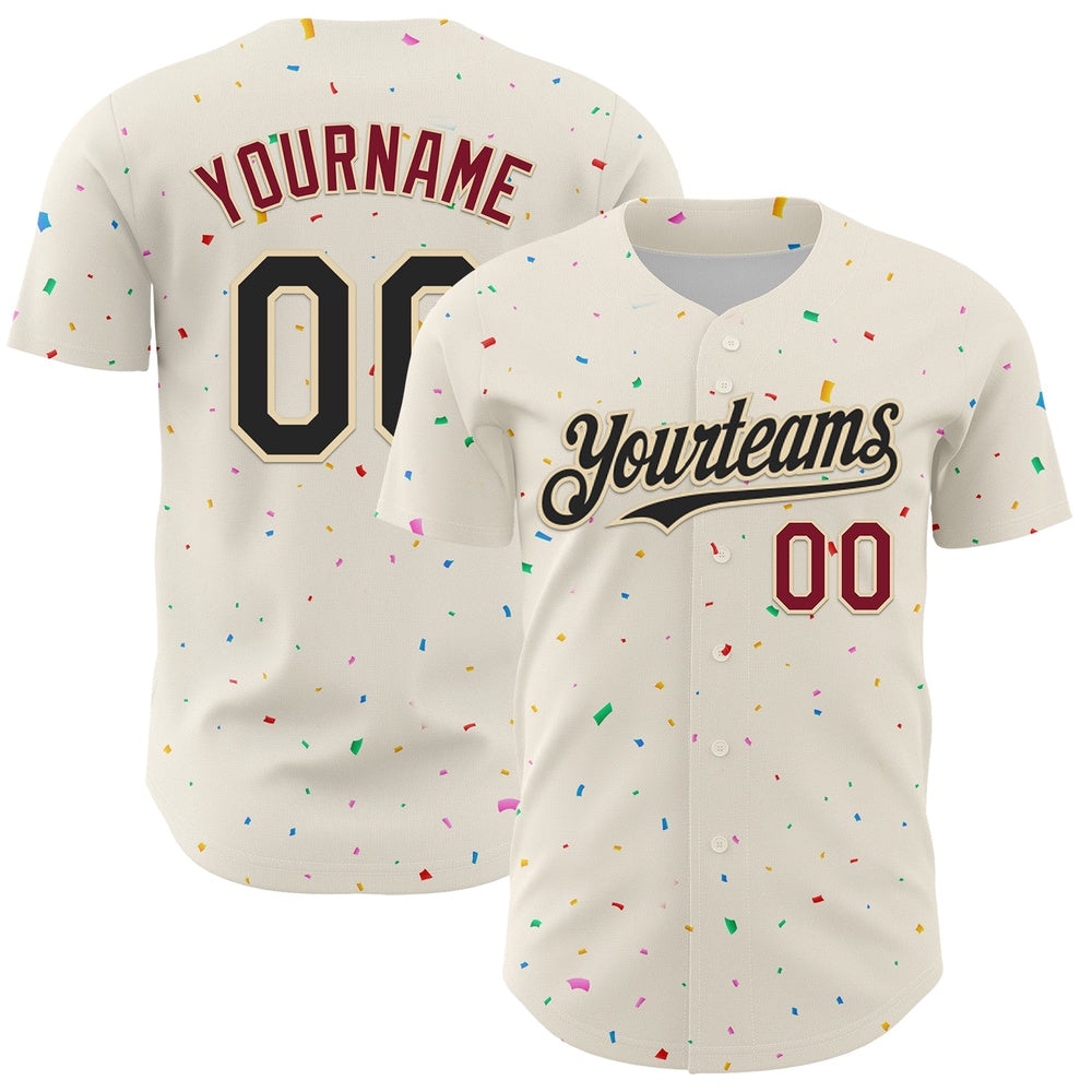 Team Jerseys Baseball, Custom Cream Black Crimson 3D Pattern Design Confetti Authentic Baseball Jersey, Logo Baseball Jersey