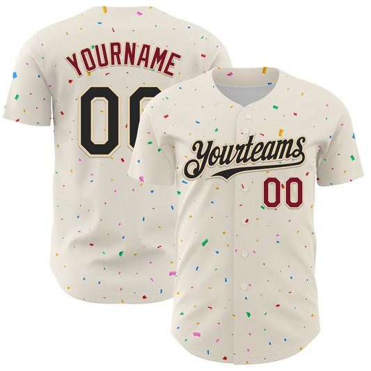 Team Jerseys Baseball, Custom Cream Black Crimson 3D Pattern Design Confetti Authentic Baseball Jersey, Logo Baseball Jersey