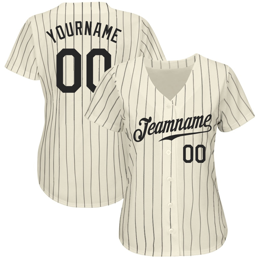 Team Jerseys Baseball, Custom Cream Black Pinstripe Black Authentic Baseball Jersey, Logo Baseball Jersey