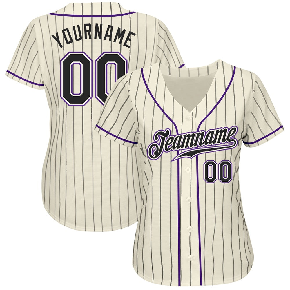 Team Jerseys Baseball, Custom Cream Black Pinstripe Black Purple Authentic Baseball Jersey, Logo Baseball Jersey