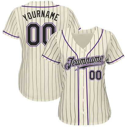Team Jerseys Baseball, Custom Cream Black Pinstripe Black Purple Authentic Baseball Jersey, Logo Baseball Jersey