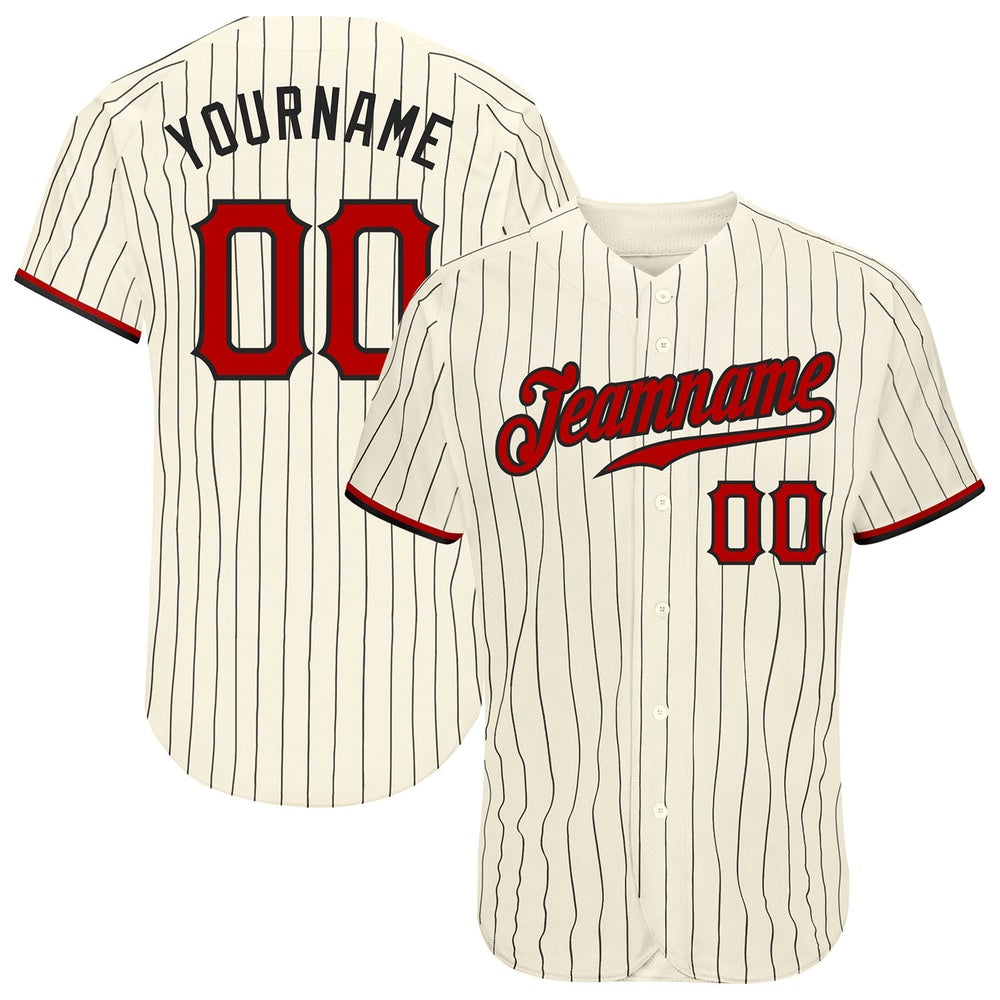 Team Jerseys Baseball, Custom Cream Black Pinstripe Red Black Authentic Baseball Jersey, Logo Baseball Jersey