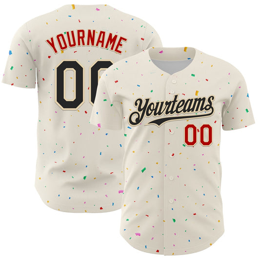 Team Jerseys Baseball, Custom Cream Black Red 3D Pattern Design Confetti Authentic Baseball Jersey, Logo Baseball Jersey