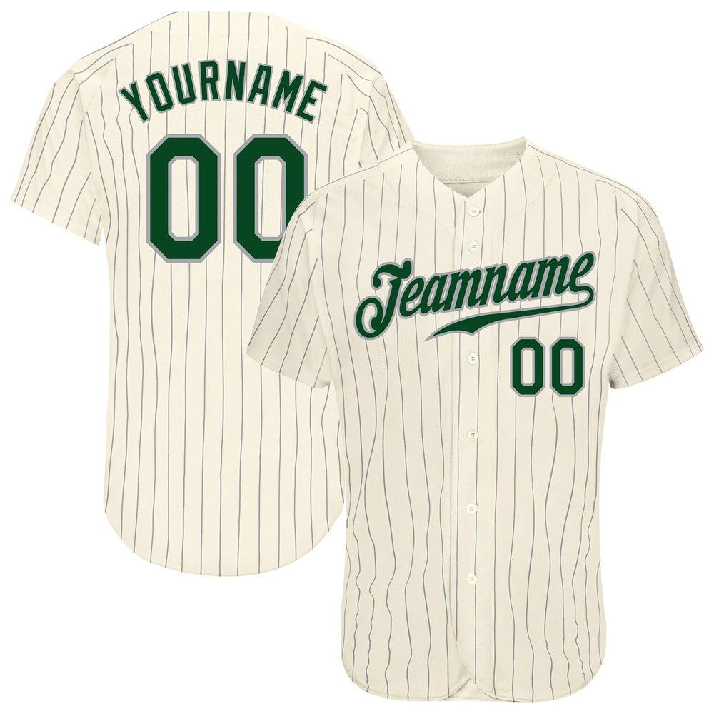 Team Jerseys Baseball, Custom Cream Gray Pinstripe Green Gray Authentic Baseball Jersey, Logo Baseball Jersey