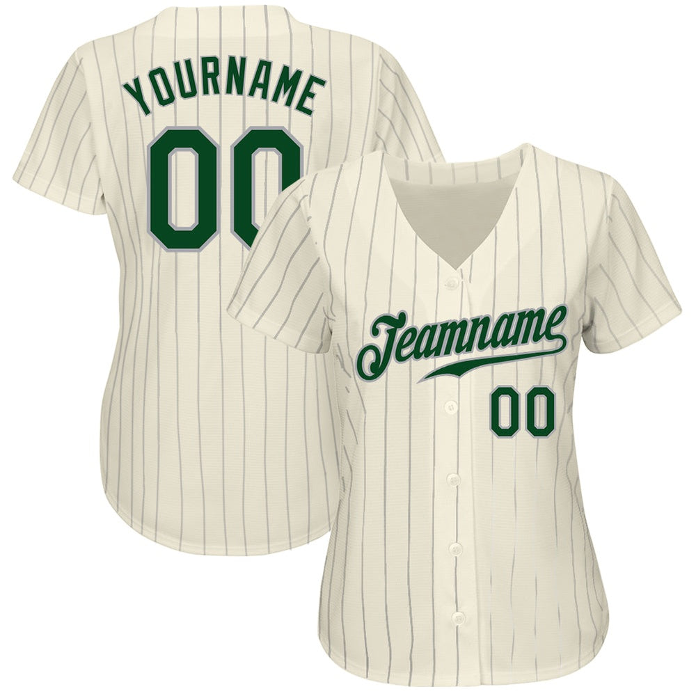Team Jerseys Baseball, Custom Cream Gray Pinstripe Green Gray Authentic Baseball Jersey, Logo Baseball Jersey