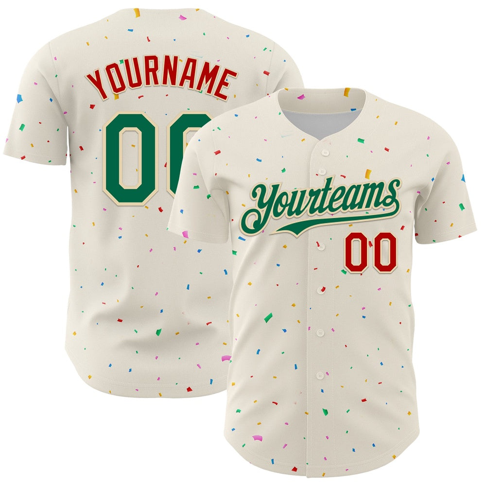 Team Jerseys Baseball, Custom Cream Kelly Green Red 3D Pattern Design Confetti Authentic Baseball Jersey, Logo Baseball Jersey