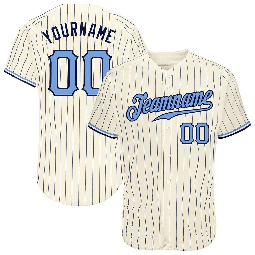 Team Jerseys Baseball, Custom Cream Navy Pinstripe Light Blue Navy Authentic Baseball Jersey, Logo Baseball Jersey