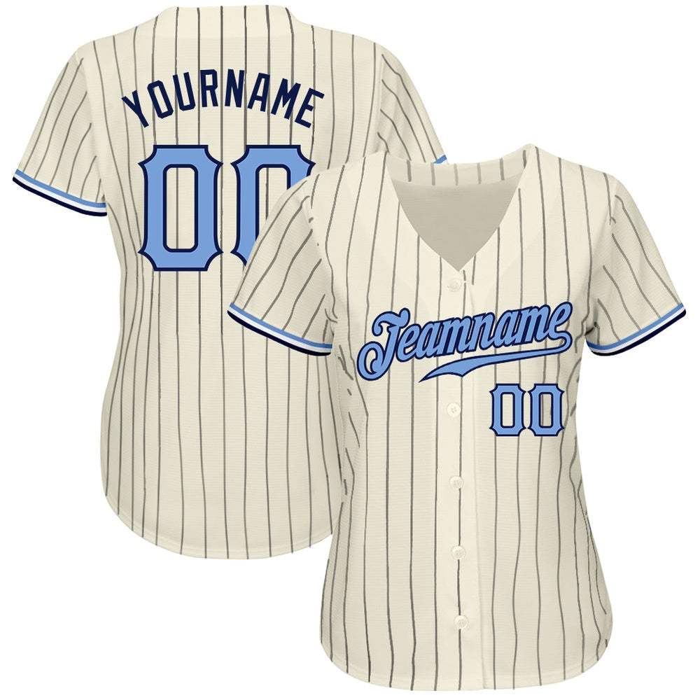 Team Jerseys Baseball, Custom Cream Navy Pinstripe Light Blue Navy Authentic Baseball Jersey, Logo Baseball Jersey