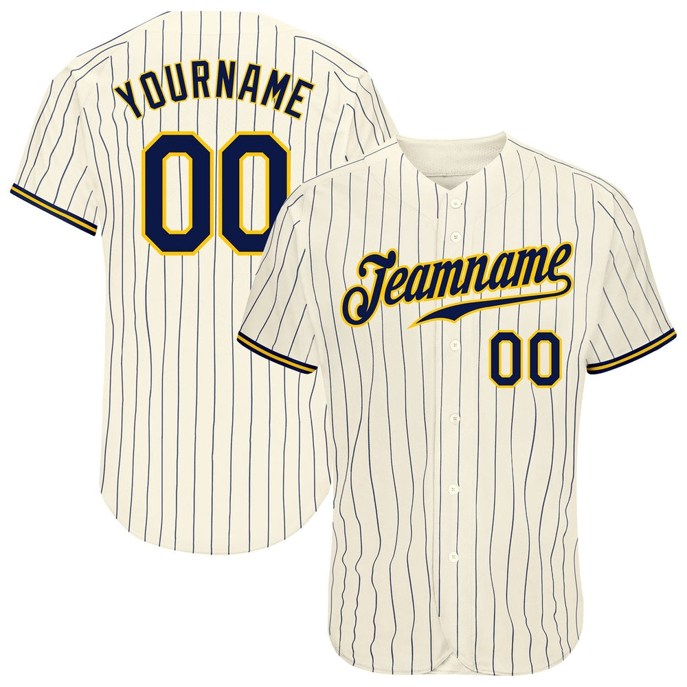 Team Jerseys Baseball, Custom Cream Navy Pinstripe Navy Gold Authentic Baseball Jersey, Logo Baseball Jersey