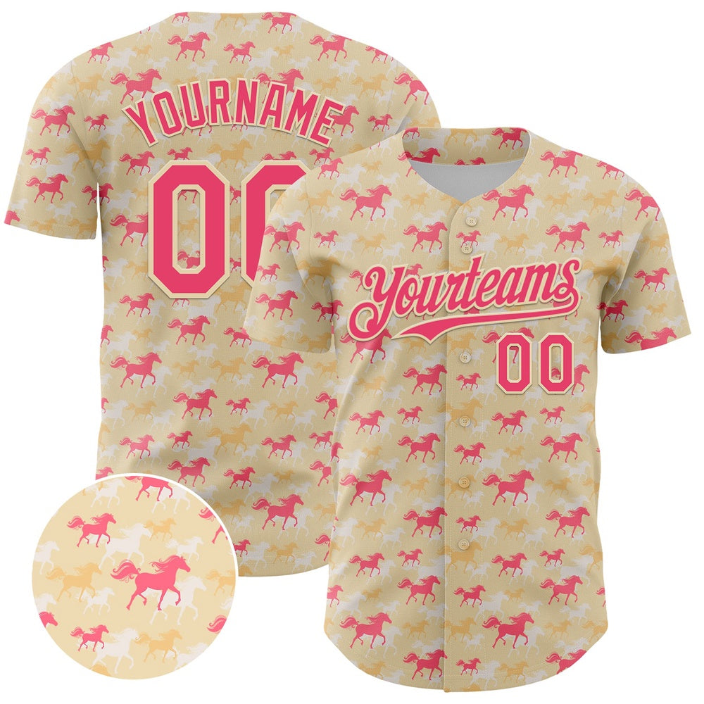 Team Jerseys Baseball, Custom Cream Neon Pink 3D Pattern Design Animal Horse Authentic Baseball Jersey, Logo Baseball Jersey