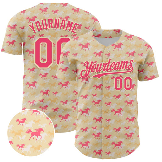 Team Jerseys Baseball, Custom Cream Neon Pink 3D Pattern Design Animal Horse Authentic Baseball Jersey, Logo Baseball Jersey