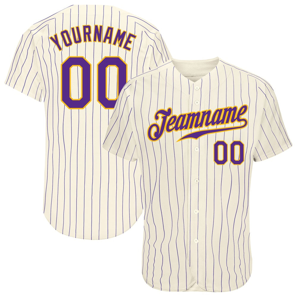 Team Jerseys Baseball, Custom Cream Purple Pinstripe Purple Gold Authentic Baseball Jersey, Logo Baseball Jersey