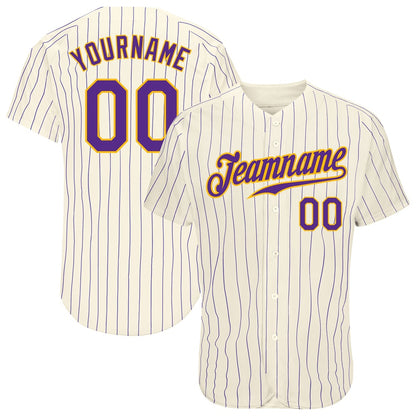 Team Jerseys Baseball, Custom Cream Purple Pinstripe Purple Gold Authentic Baseball Jersey, Logo Baseball Jersey