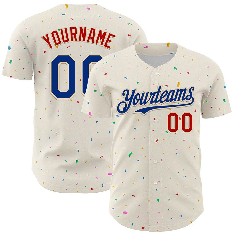 Team Jerseys Baseball, Custom Cream Royal Red 3D Pattern Design Confetti Authentic Baseball Jersey, Logo Baseball Jersey
