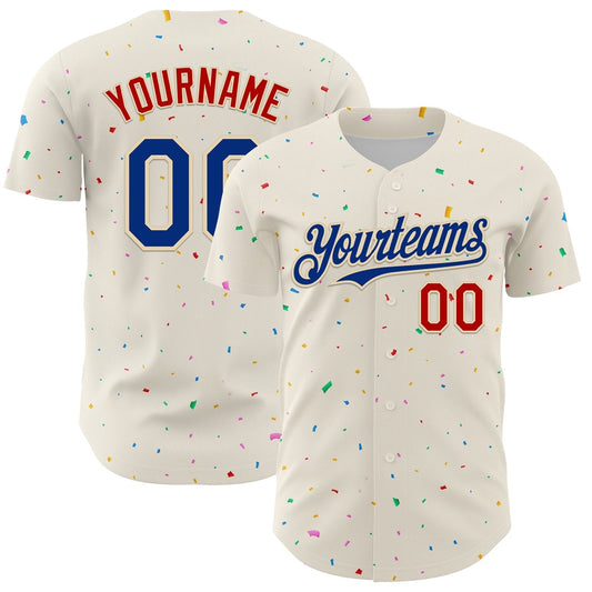 Team Jerseys Baseball, Custom Cream Royal Red 3D Pattern Design Confetti Authentic Baseball Jersey, Logo Baseball Jersey