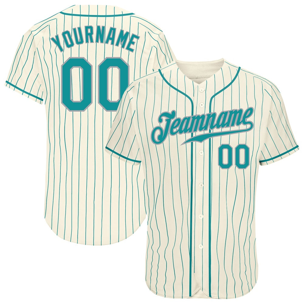 Team Jerseys Baseball, Custom Cream Teal Pinstripe Teal Gray Authentic Baseball Jersey, Logo Baseball Jersey