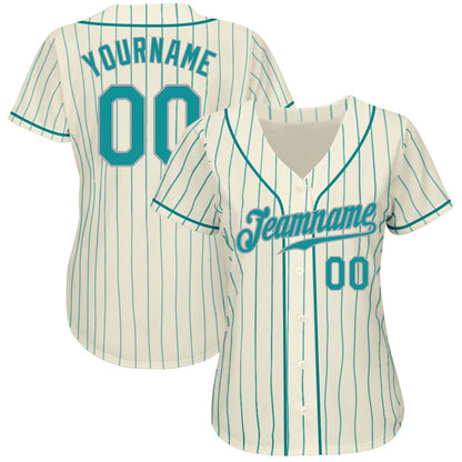 Team Jerseys Baseball, Custom Cream Teal Pinstripe Teal Gray Authentic Baseball Jersey, Logo Baseball Jersey