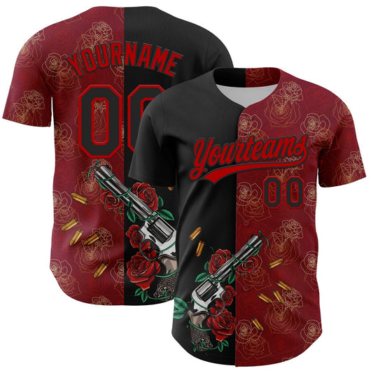Team Jerseys Baseball, Custom Crimson Black Red 3D Pattern Design Gothic Style Gun With Rose Authentic Baseball Jersey