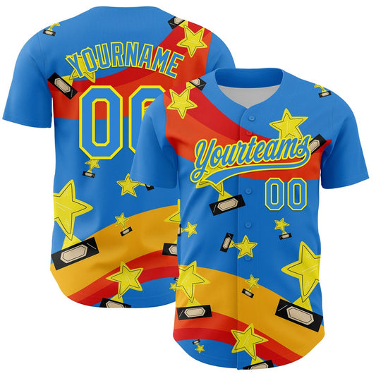 Team Jerseys Baseball, Custom Electric Blue Light Yellow 3D Pattern Design Champion Trophy Authentic Baseball Jersey