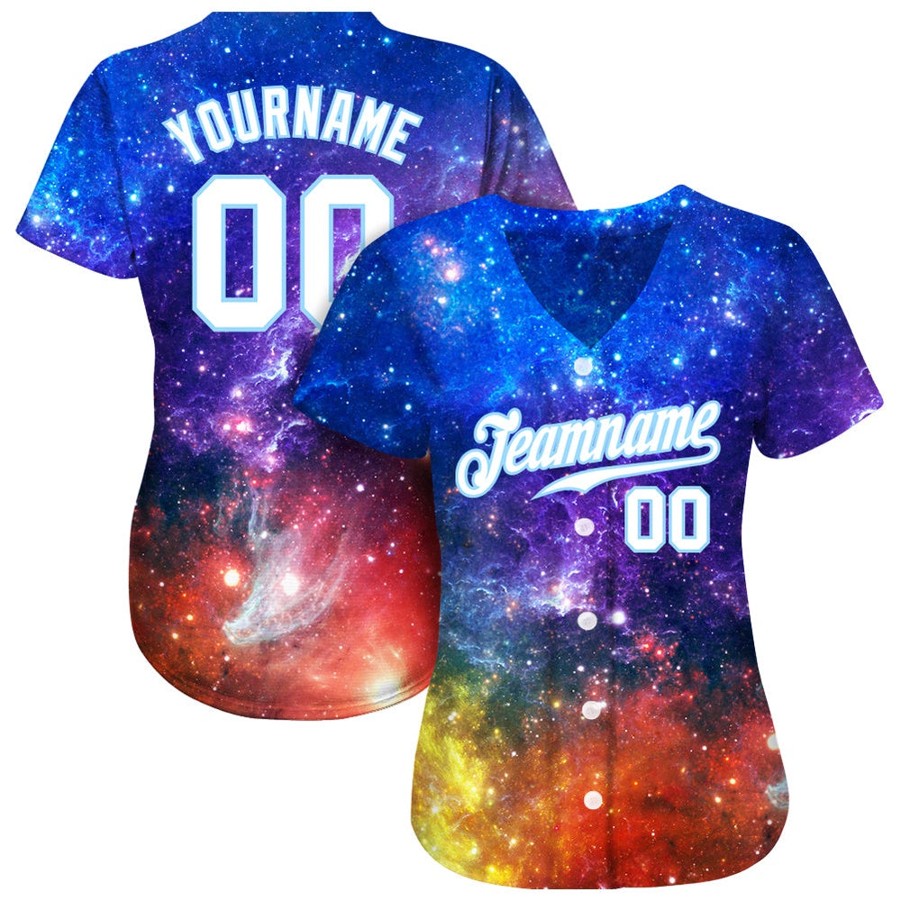 Team Jerseys Baseball, Custom Galactic Pattern White Light Blue 3D Authentic Baseball Jersey, Logo Baseball Jersey