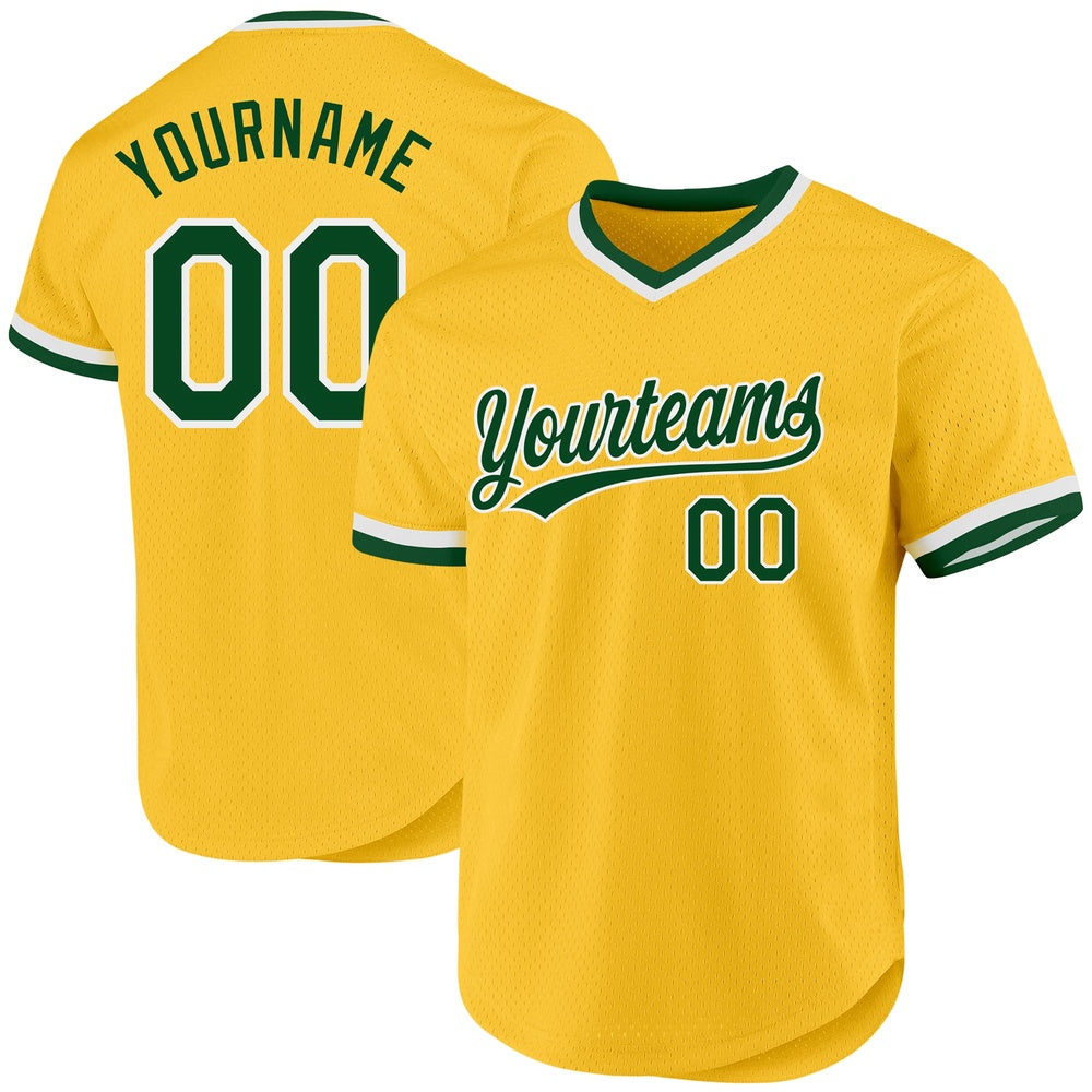 Team Jerseys Baseball, Custom Gold Green White Authentic Throwback Baseball Jersey, Logo Baseball Jersey