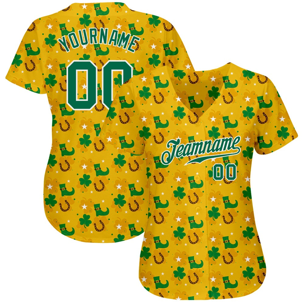 Team Jerseys Baseball, Custom Gold Kelly Green White 3D Pattern Design Authentic St Patrick's Day Baseball Jersey, Logo Baseball Jersey