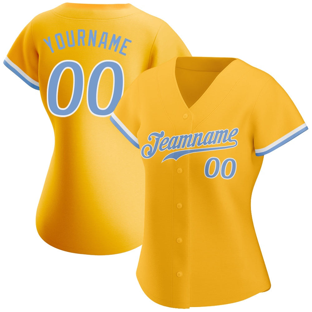 Team Jerseys Baseball, Custom Gold Light Blue White Authentic Baseball Jersey, Logo Baseball Jersey