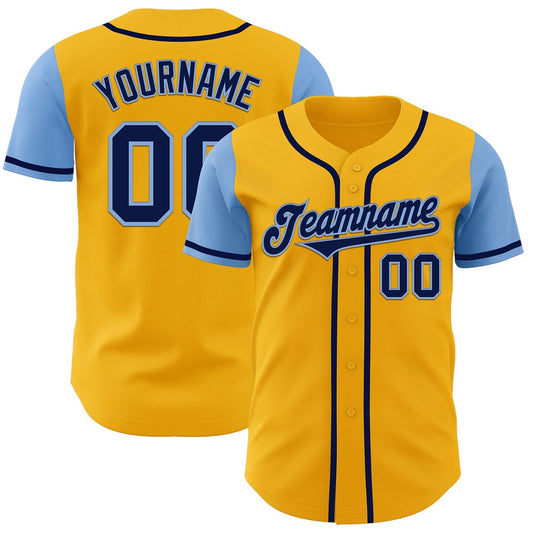 Team Jerseys Baseball, Custom Gold Navy Light Blue Authentic Two Tone Baseball Jersey, Logo Baseball Jersey