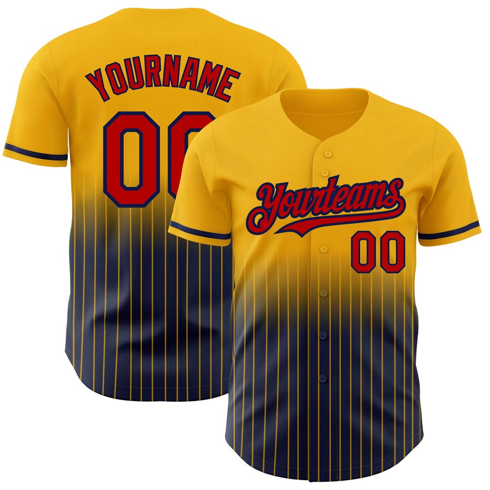 Team Jerseys Baseball, Custom Gold Pinstripe Red Navy Authentic Fade Fashion Baseball Jersey, Logo Baseball Jersey