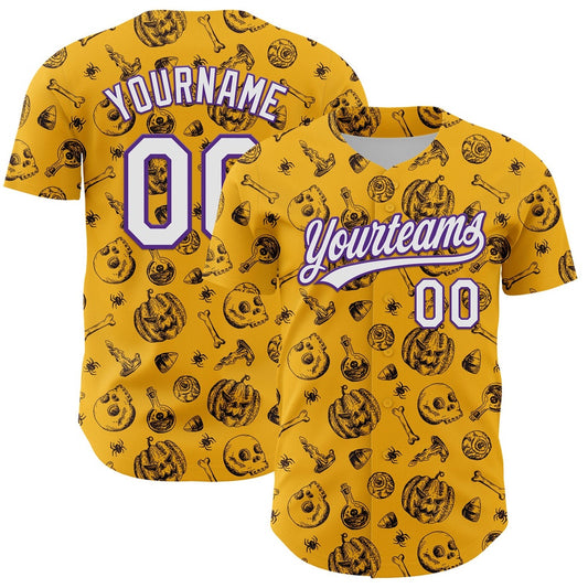 Team Jerseys Baseball, Custom Gold White Purple 3D Halloween Authentic Baseball Jersey, Logo Baseball Jersey
