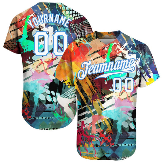 Team Jerseys Baseball, Custom Graffiti Colored Abstract Pattern White Light Blue 3D Authentic Baseball Jersey, Logo Baseball Jersey
